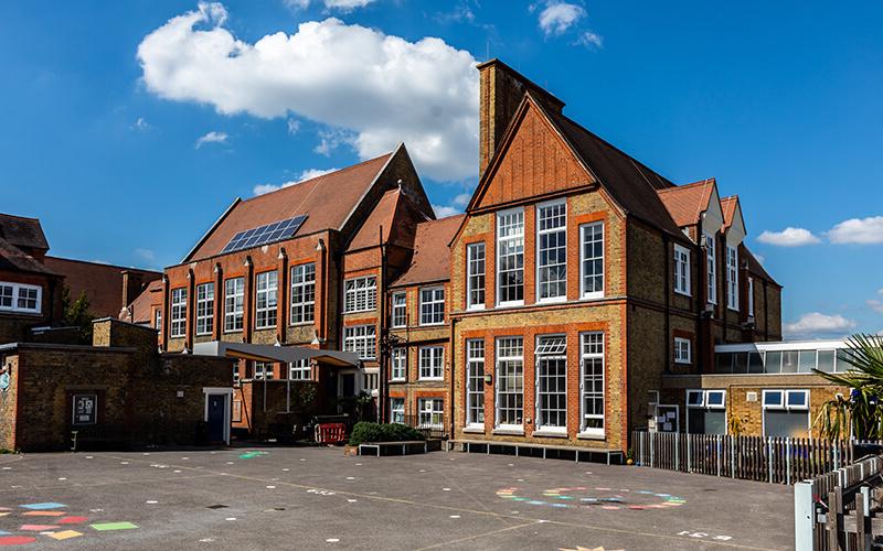 School building with solar panel on roof